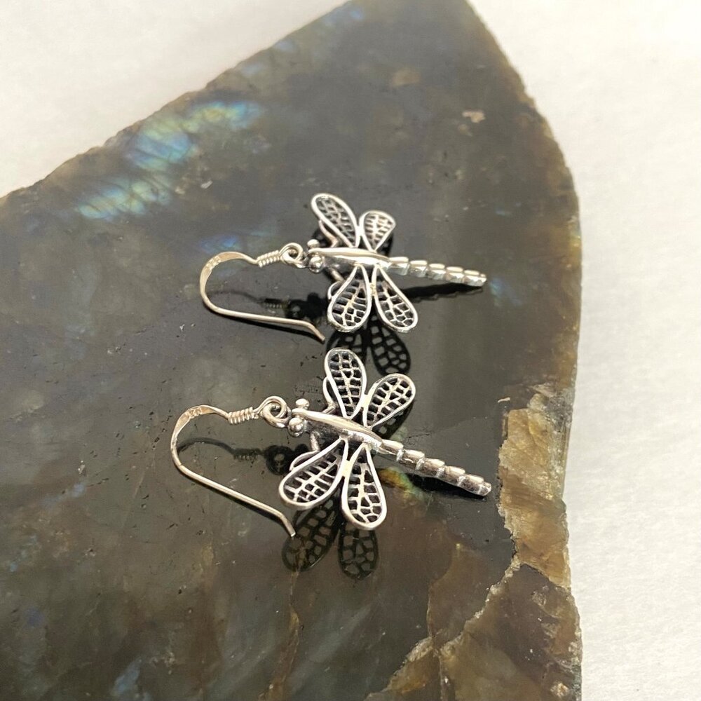 Sterling Silver 925 Dragonfly Insect Dangle Drop Earrings Dragonfly Jewelry - Picture 7 of 15